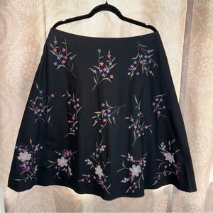 Covington Pink Floral Embroidered Black A-Line Circle Skirt 100% Cotton Size 12